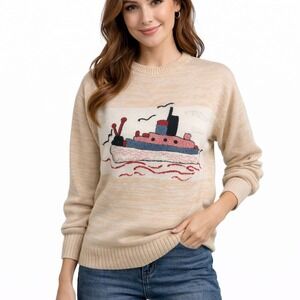 VTG Sportswear Womens Crew Neck Sweater Tugboat Beige Marled‎ Knit Pullover M
